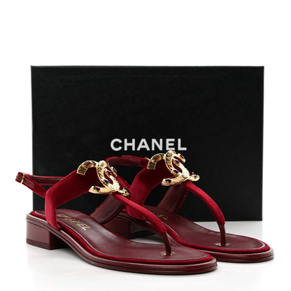 Chanel Velvet Metal Gripoix CC Thong Sandals 39 Burgundy 9 of 9