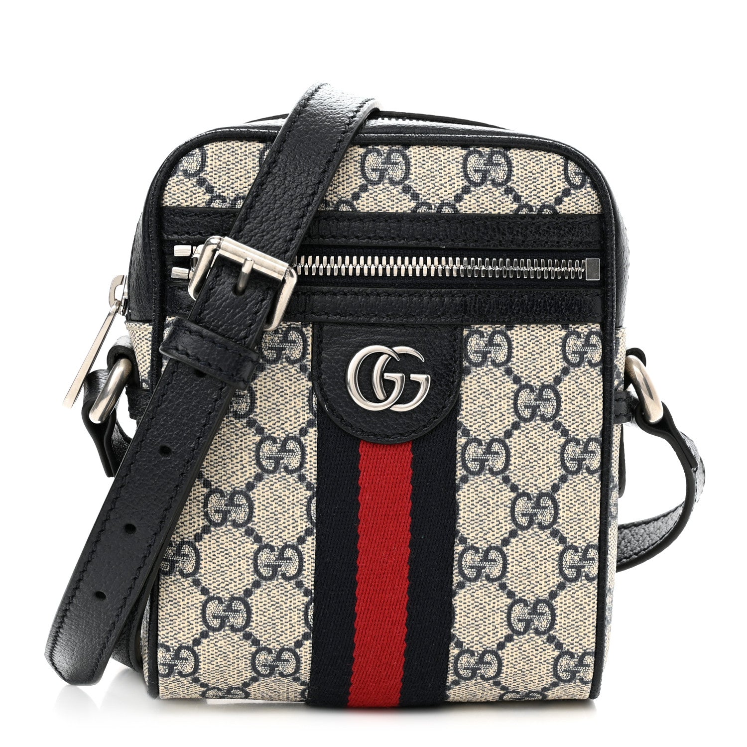 Gucci GG Supreme Monogram Textured Calfskin Web Mini Ophidia Messenger Beige Blue 1 of 10