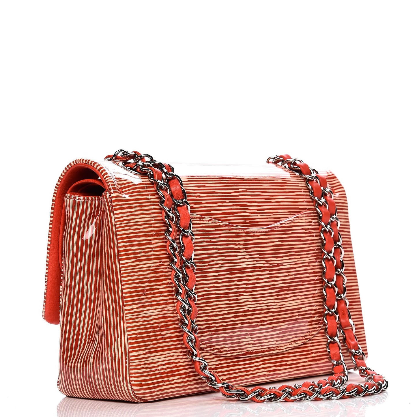 Patent Calfskin Striped Medium Double Flap Red