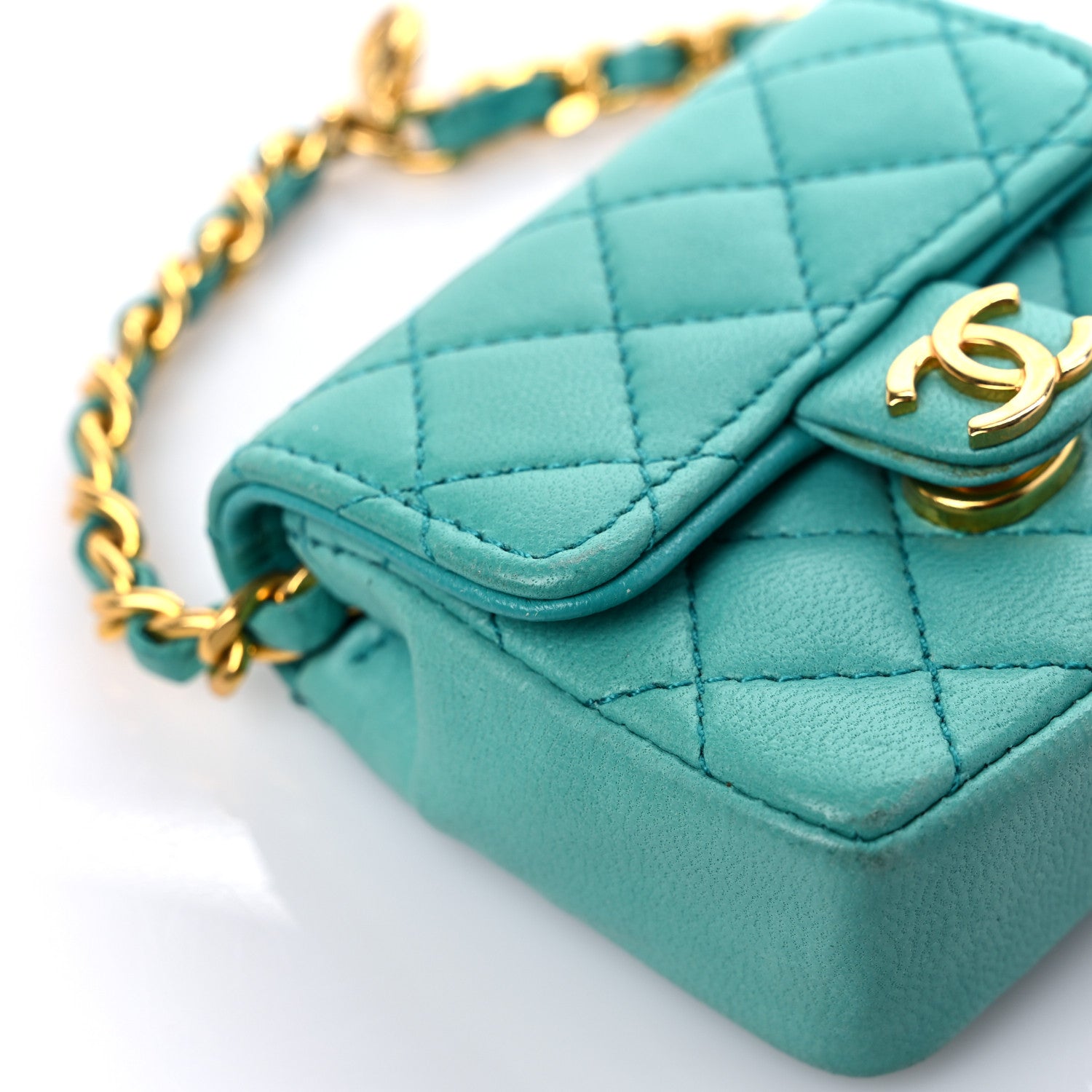 Chanel Lambskin Quilted Mini Pouch Bag Charm Keychain Turquoise 11 of 16