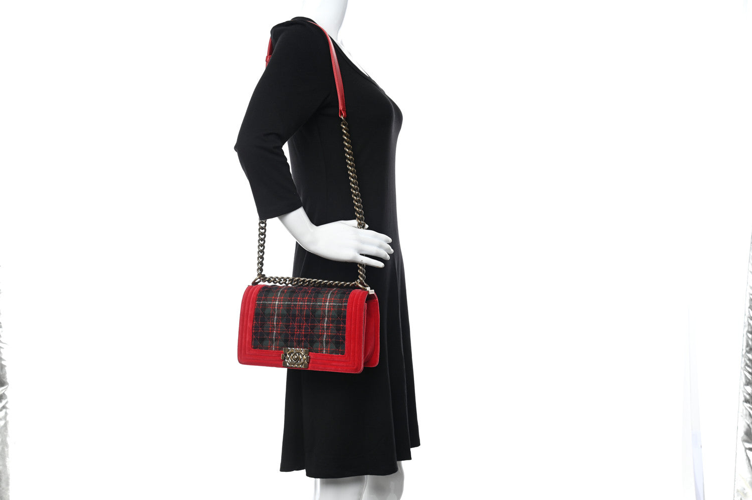 Chanel Velvet Plaid Tartan Quilted Medium Boy Flap Red 2 of 11