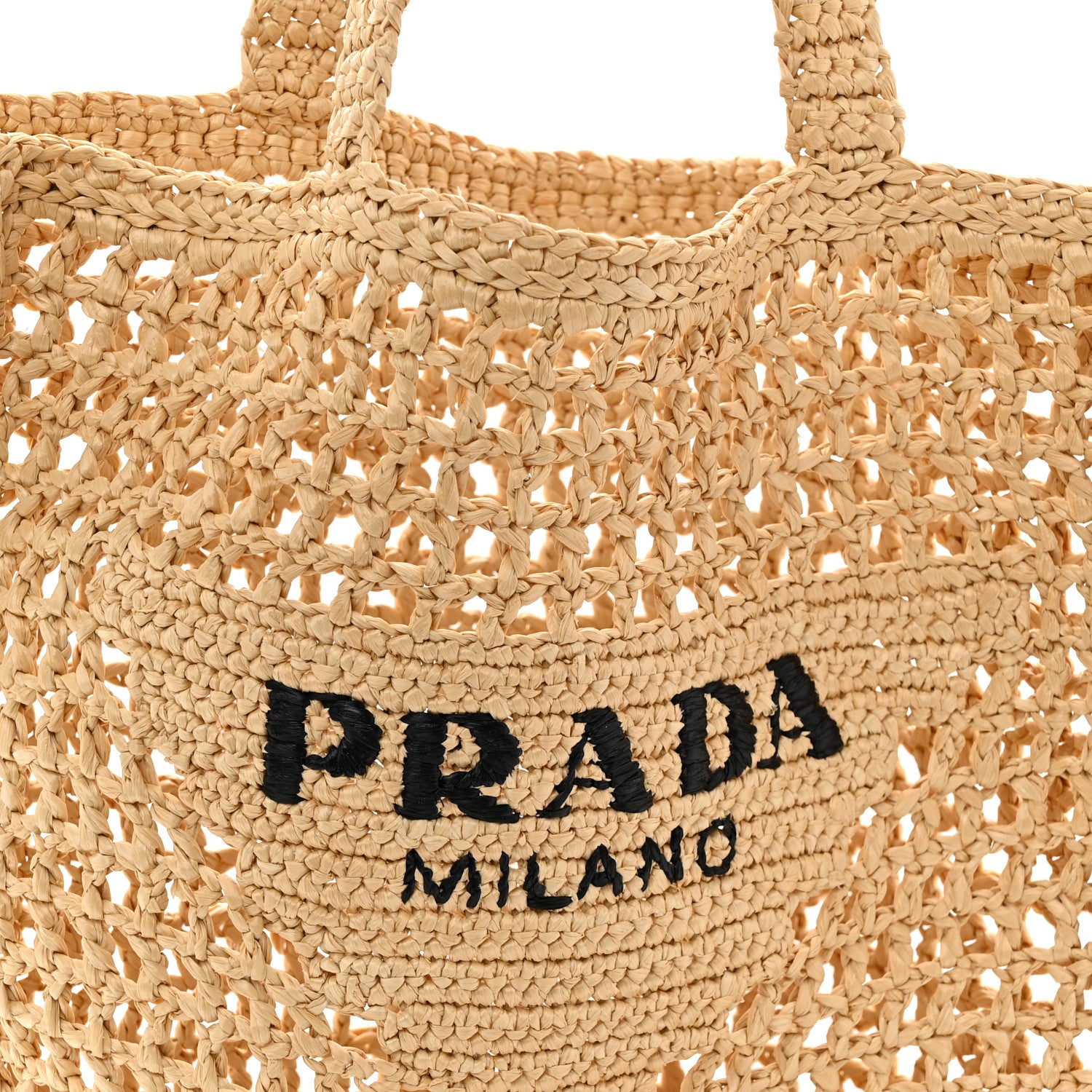 Prada Yarn Raffia Effect Crochet Logo Embroidered Tote Bag Naturale 7 of 9
