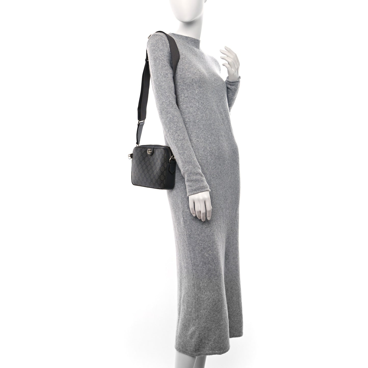 GG Supreme Monogram Textured Dollar Calfskin Web Ophidia Wristlet Shoulder Bag Grey Black Graphite Grey