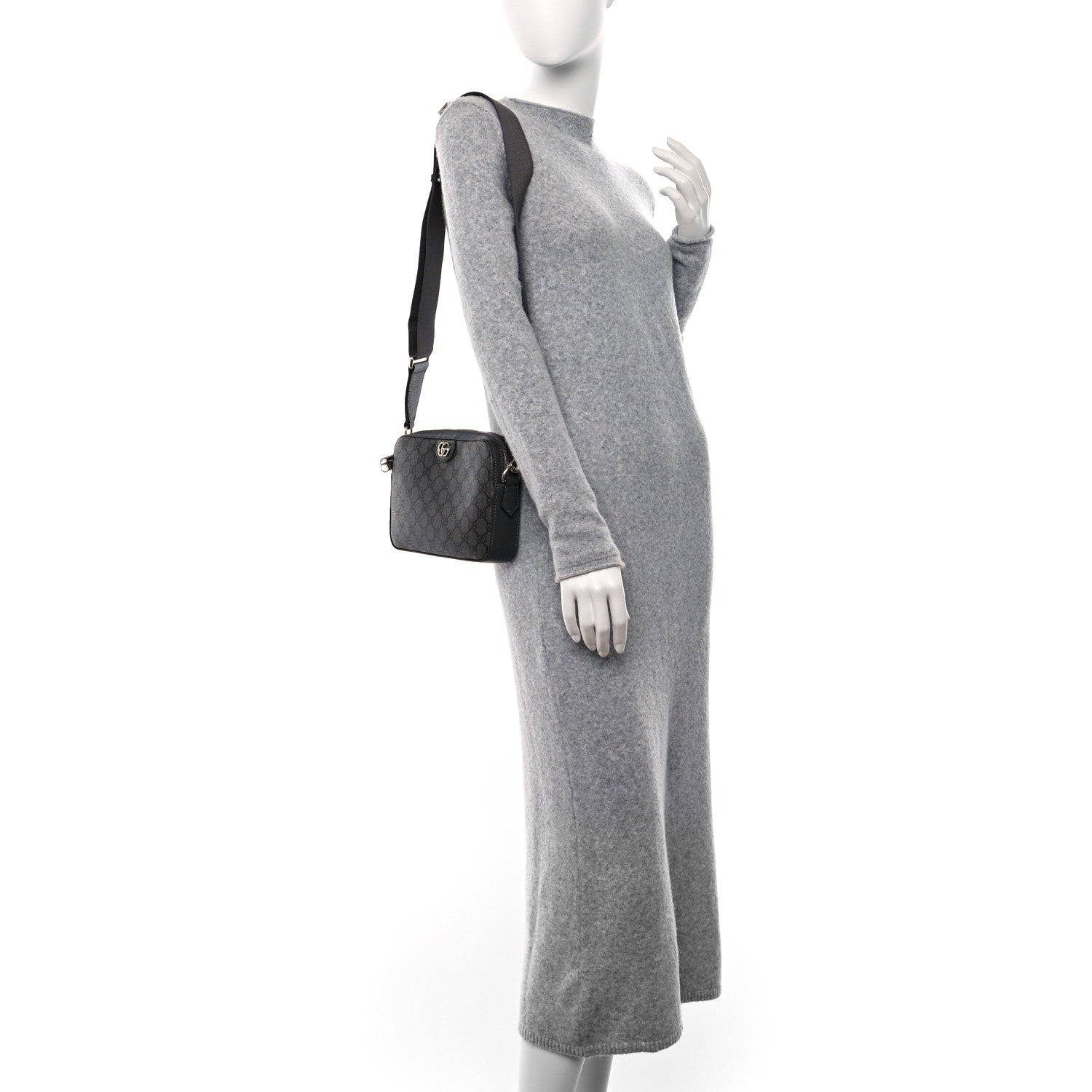 Gucci GG Supreme Monogram Textured Dollar Calfskin Web Ophidia Wristlet Shoulder Bag Grey Black Graphite Grey 3 of 9