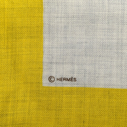 Hermes Cashmere Silk Chevaux Au Pre Shawl 140 Gris Chine Jaune Taupe 4 of 5