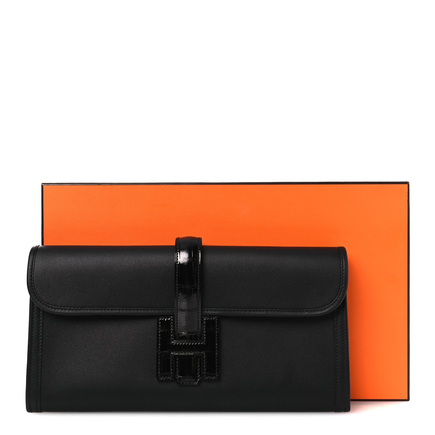 Hermes Swift Shiny Alligator Jige Elan 29 Touch Clutch Black