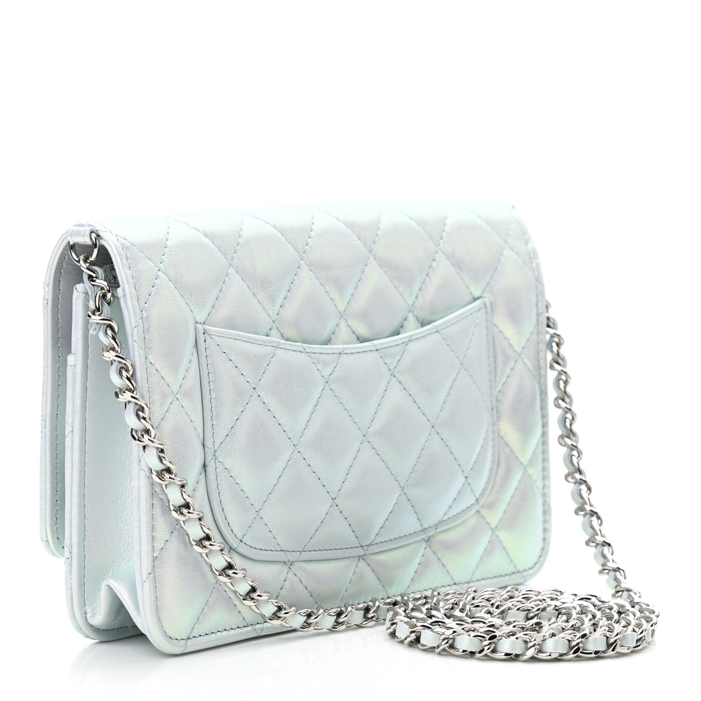 Iridescent Calfskin Quilted Wallet On Chain WOC Light Blue