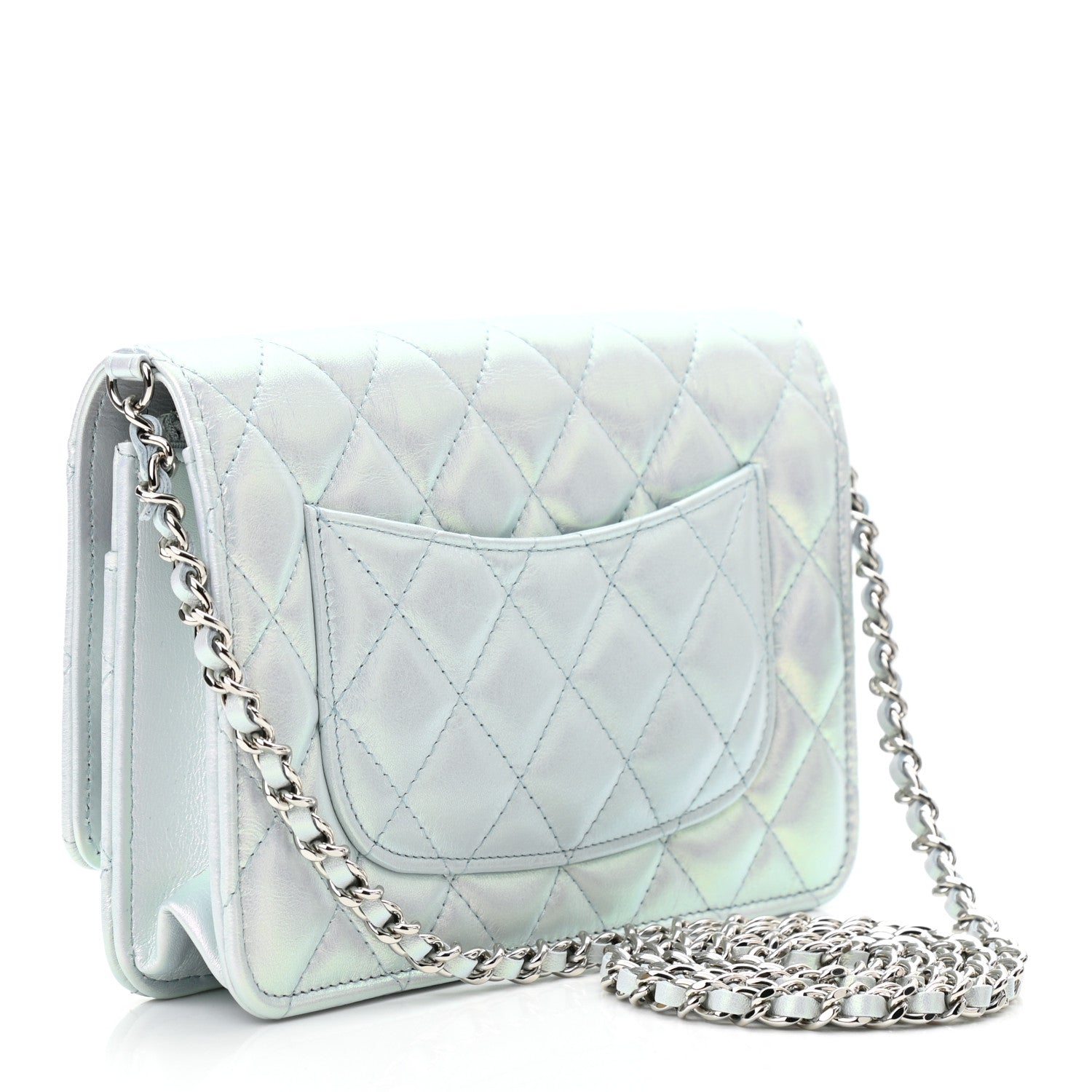 Chanel Iridescent Calfskin Quilted Wallet On Chain WOC Light Blue 3 of 12