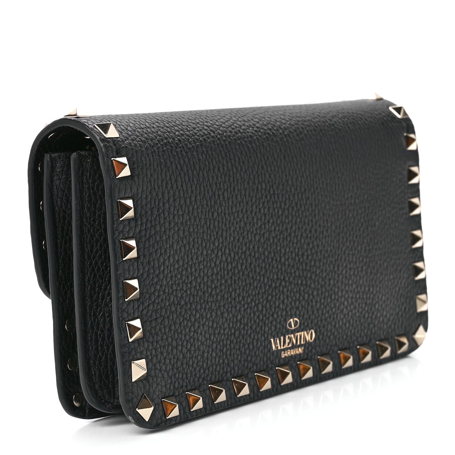Pebbled Calfskin Rockstud Flap Wallet On Chain Black