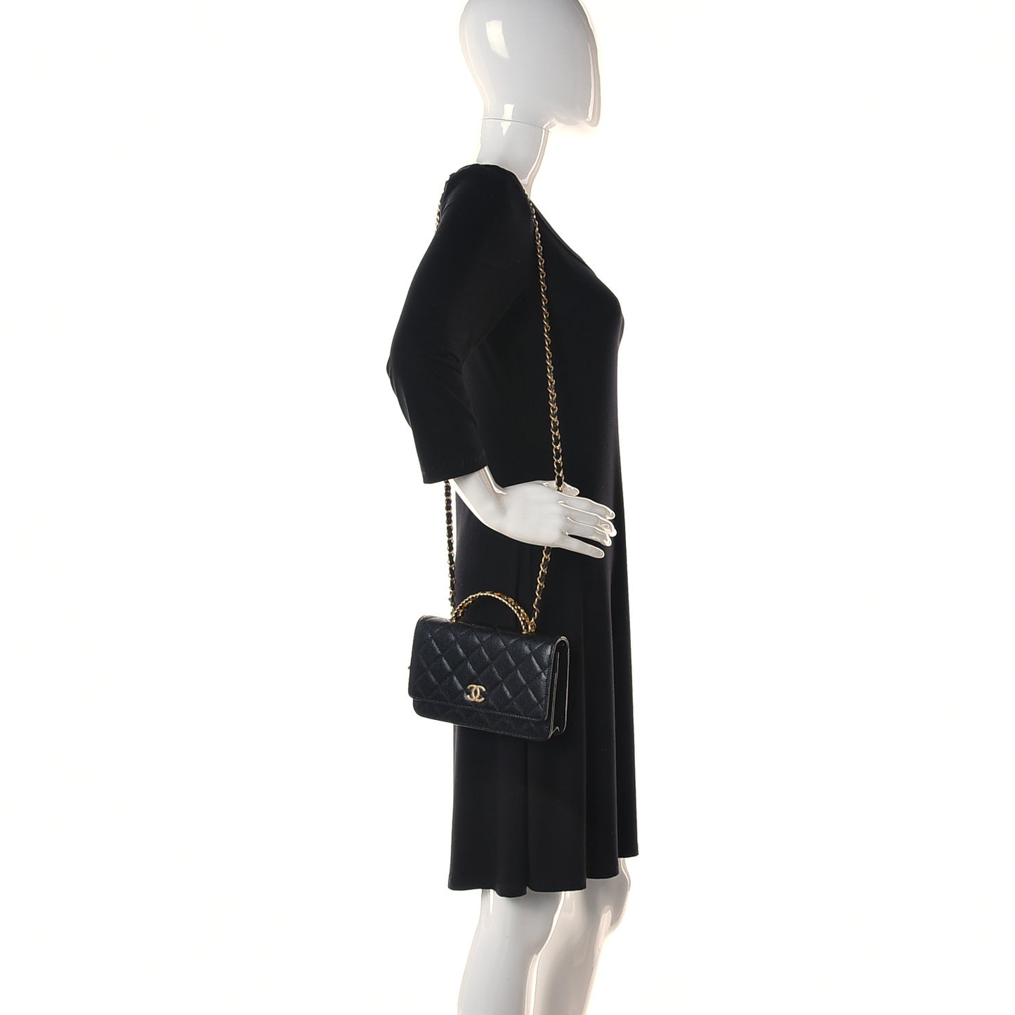 Shiny Caviar Quilted Pick Me Up Wallet On Chain WOC Black