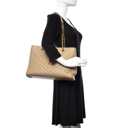 Saint Laurent Lambskin Matelasse Chevron Monogram Shopping Bag Dark Beige 2 of 13