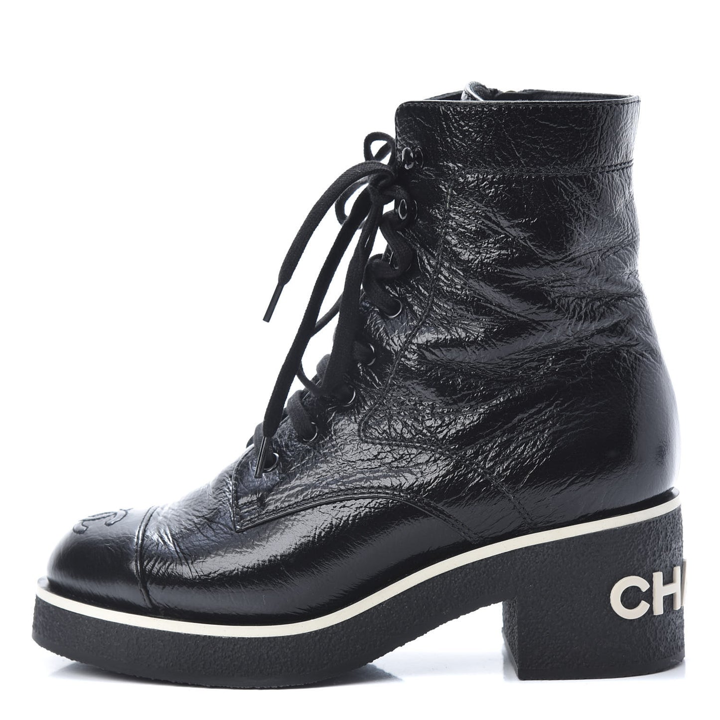 Shiny Crumpled Lambskin Cap Toe CC Lace Up Boots 37 Black