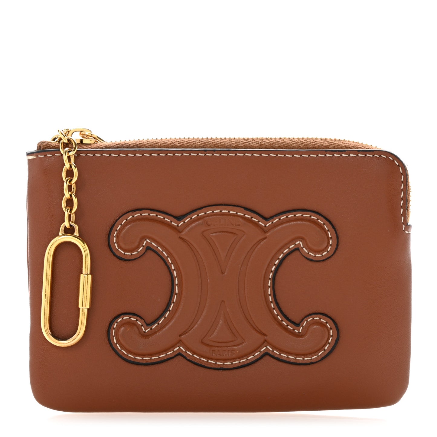 Smooth Calfskin Cuir Triomphe Coin and Card Pouch With Hook Tan