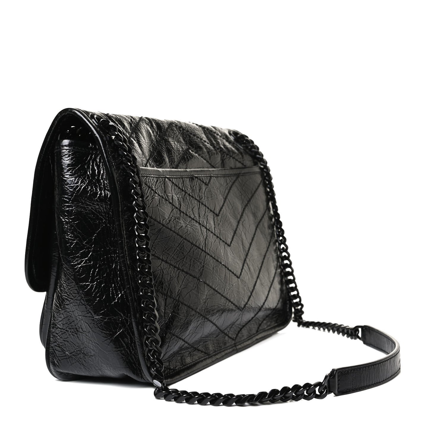 Crinkled Calfskin Matelasse Monogram Medium Niki Chain Satchel Black