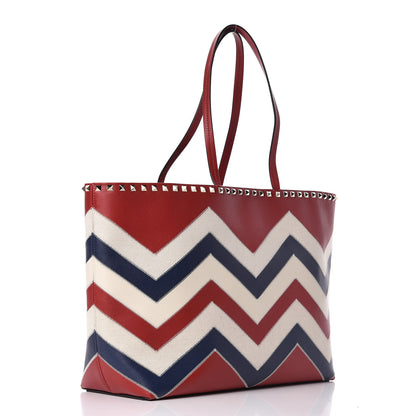 Valentino Garavani Calfskin Canvas Chevron Inlay Rockstud Shoulder Tote Red White Blue 3 of 9