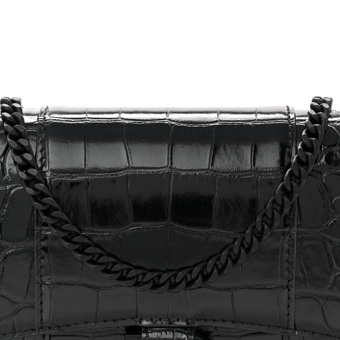Shiny Calfskin Monochrome Crocodile Embossed Hourglass Chain Bag Black