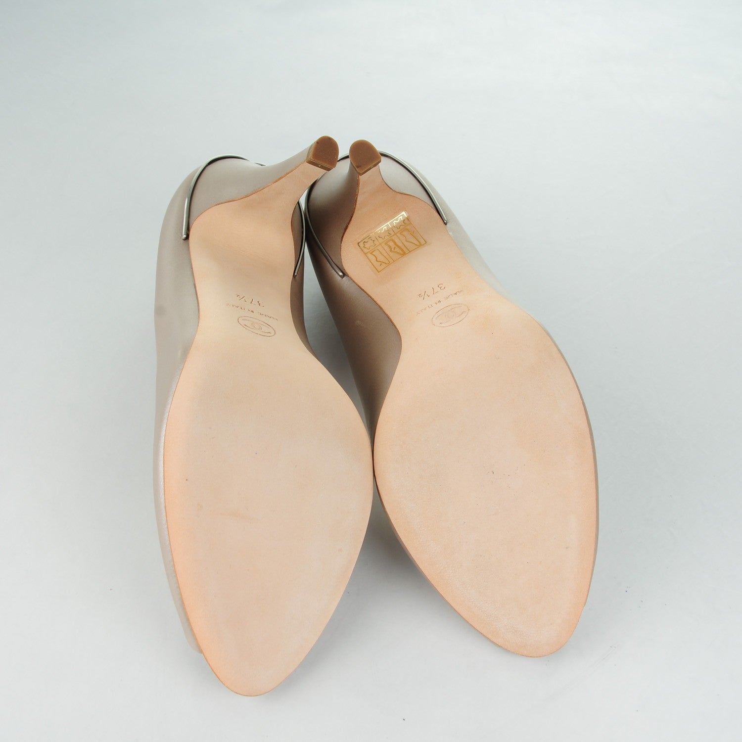 Chanel Metallic Calfskin CC Peep Toe Pumps 37.5 Beige 5 of 7