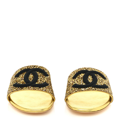 Chanel Glitter Fabric CC Mules 39 Gold Black 2 of 9