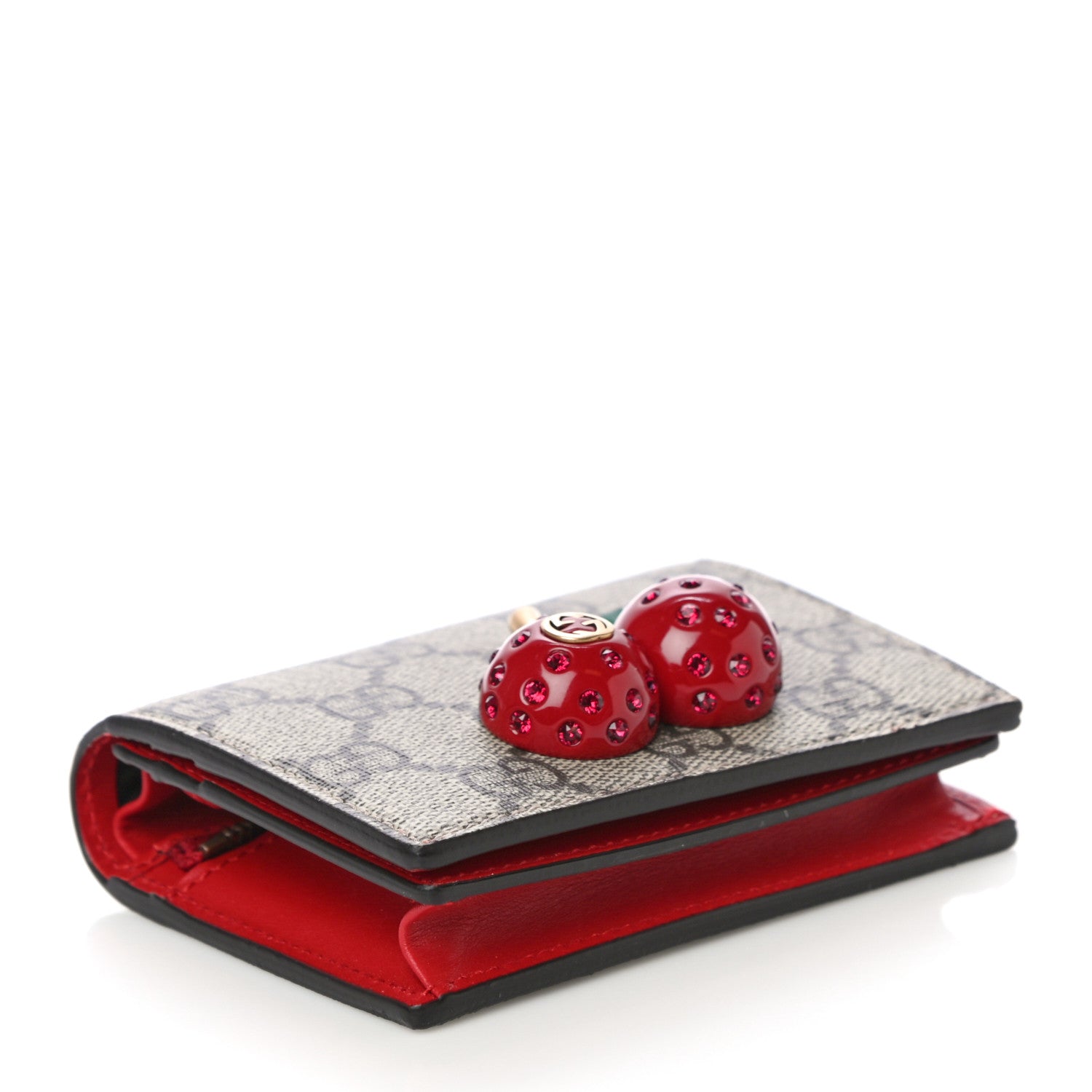 Gucci GG Supreme Monogram Cherry Embellished Card Case Wallet Hibiscus Red 4 of 10