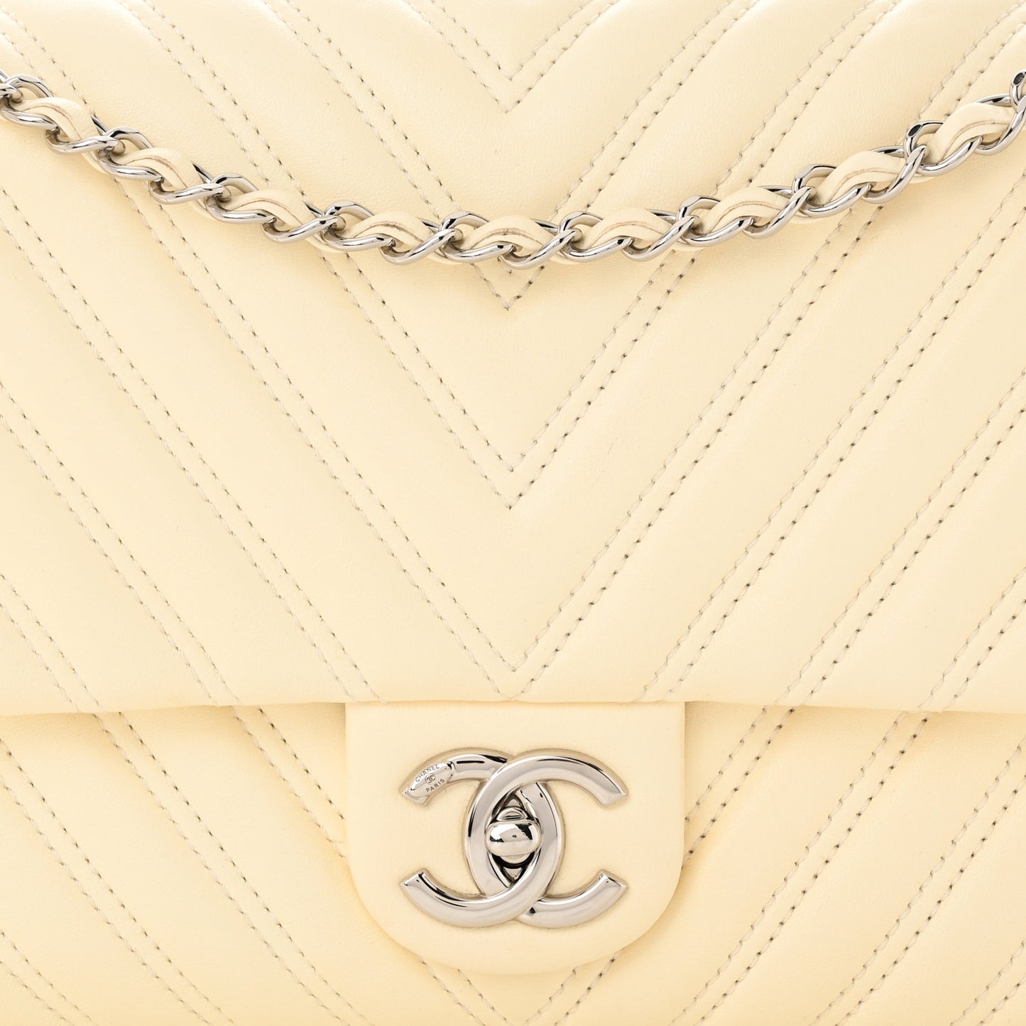 Lambskin Chevron Quilted Double Stitch Jumbo Single Flap White