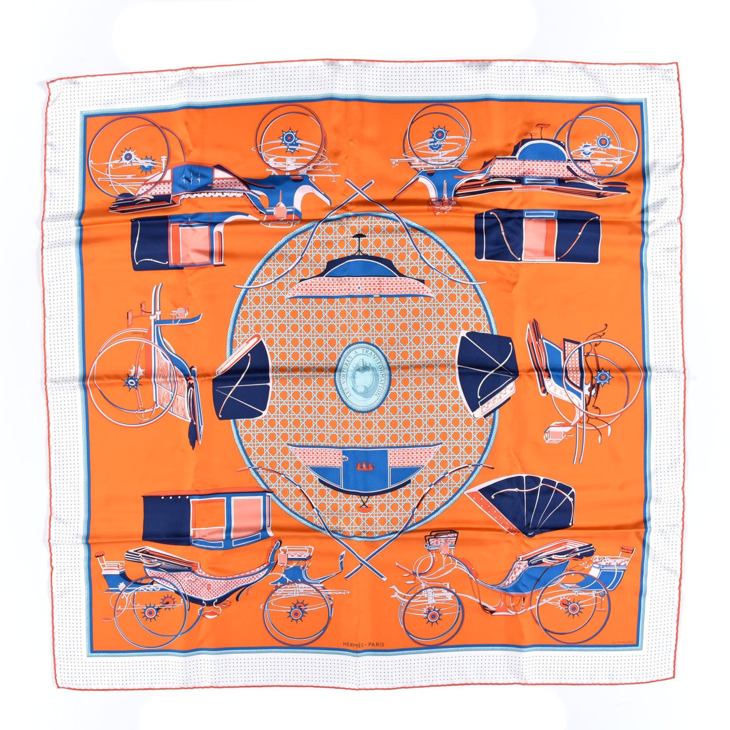 Silk Les Voitures A Transformation Scarf 90 Orange White Bleu