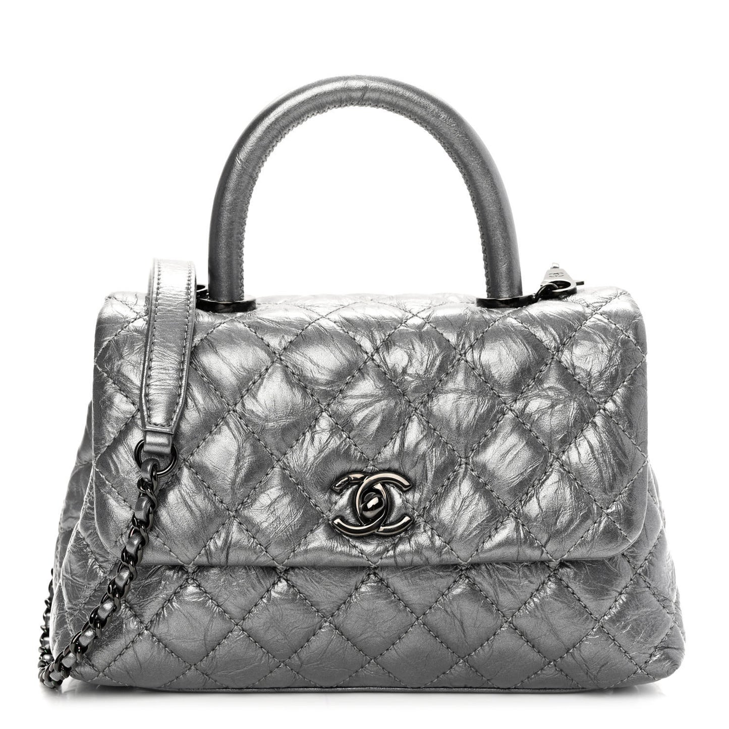 Metallic Aged Calfskin Quilted Mini Coco Handle Flap Charcoal