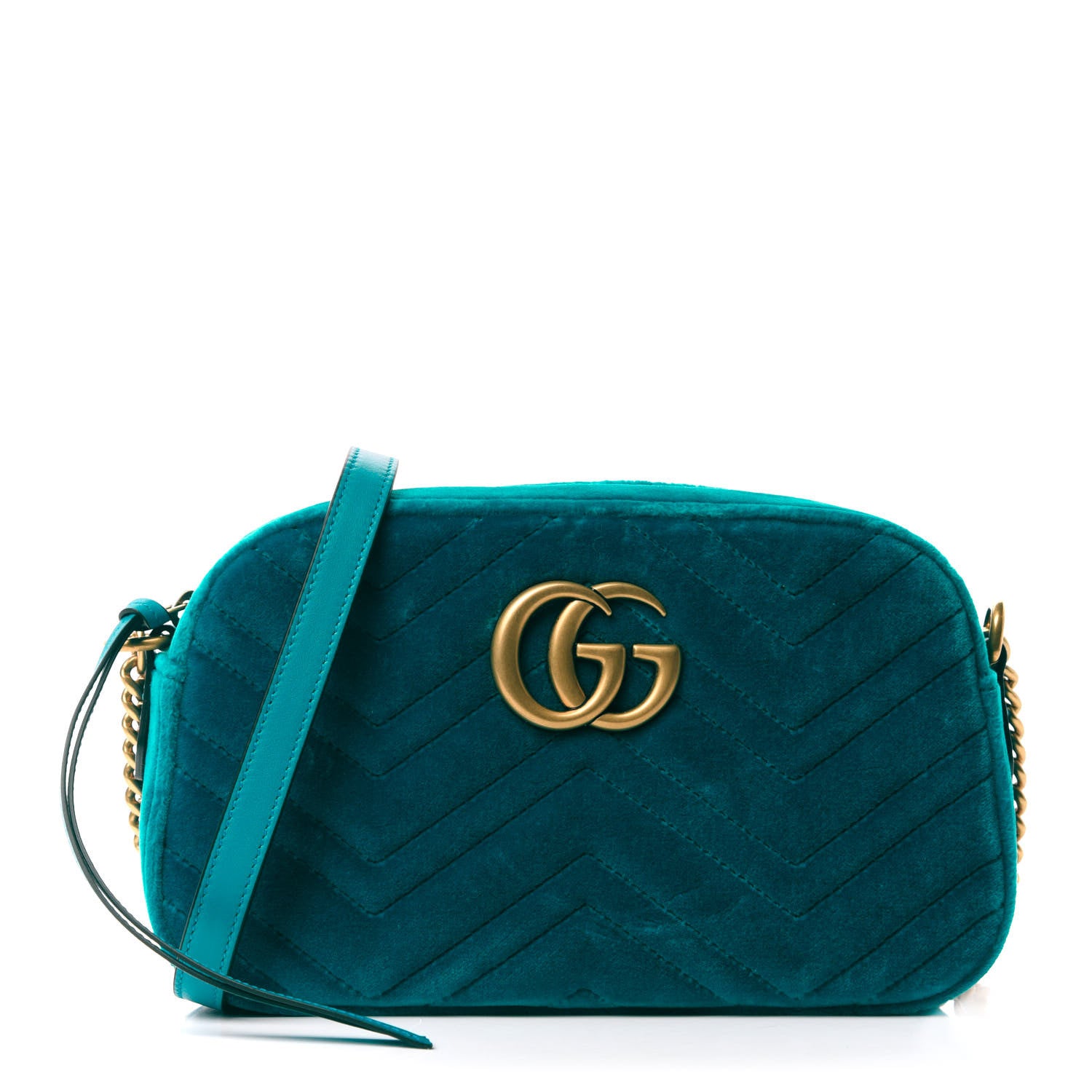Gucci Velvet Matelasse Small GG Marmont Chain Shoulder Bag Pavone Cyan 1 of 10
