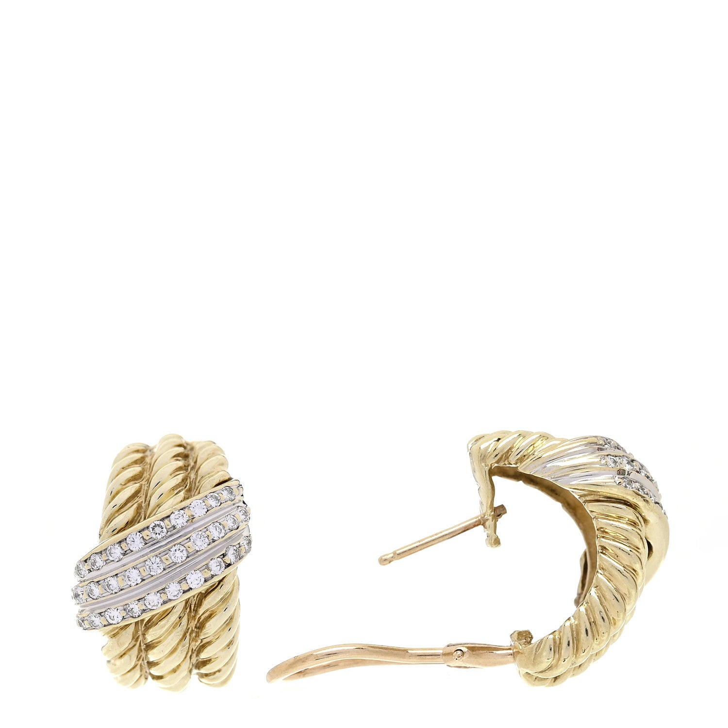 David Yurman 14K Yellow Gold Diamond Crossover 3 Row Hoop Earrings 1 of 4