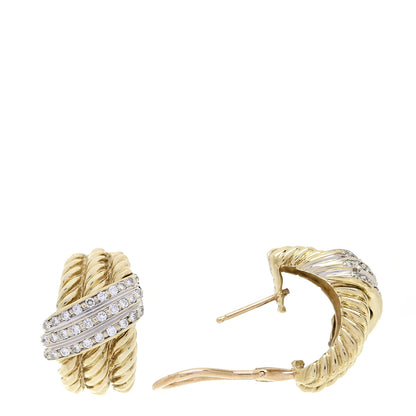 David Yurman 14K Yellow Gold Diamond Crossover 3 Row Hoop Earrings 1 of 4