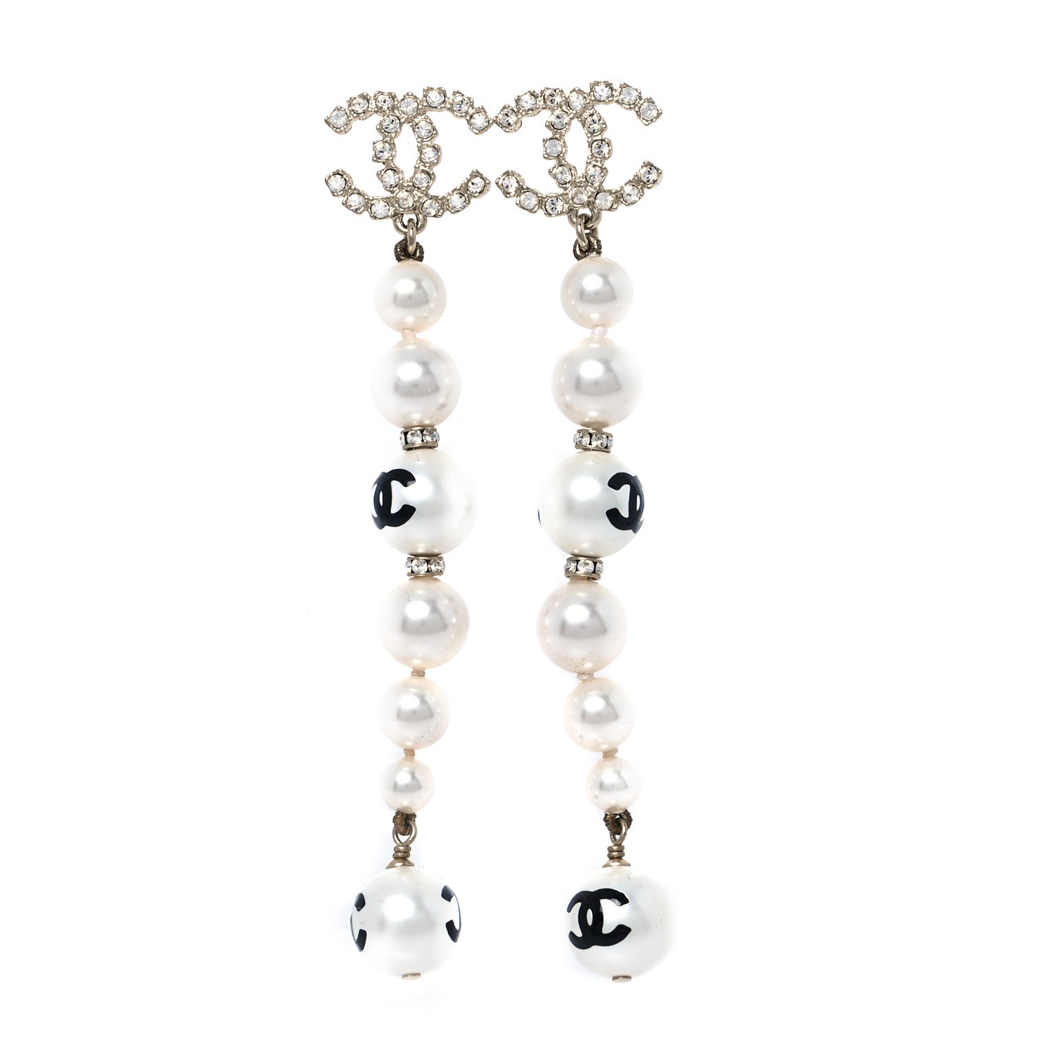 Chanel Pearl Crystal Coco's Pearls CC Long Drop Earrings Pearly White Gold Black 1 of 5