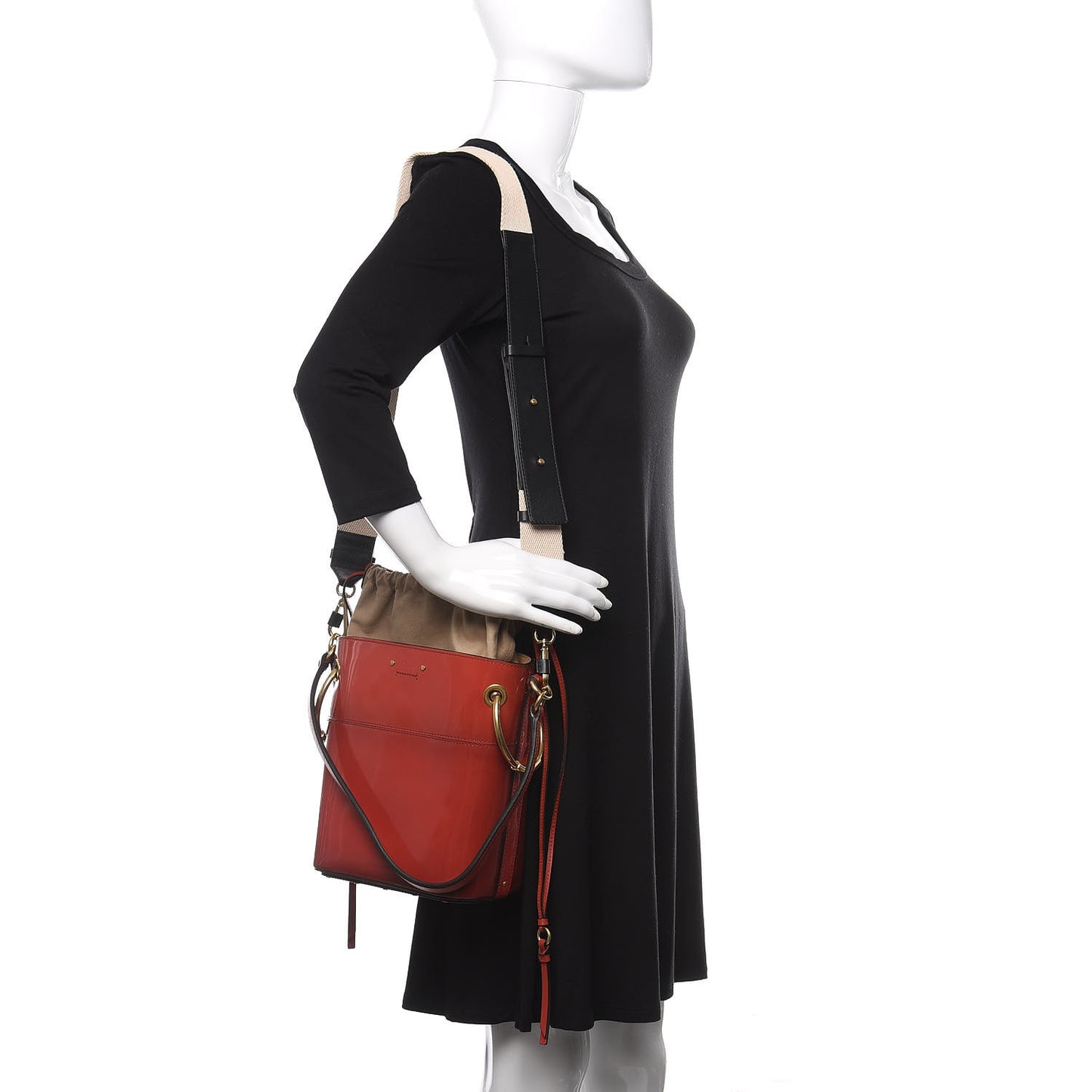 Patent Calfskin Small Roy Bucket Bag Earthy Red