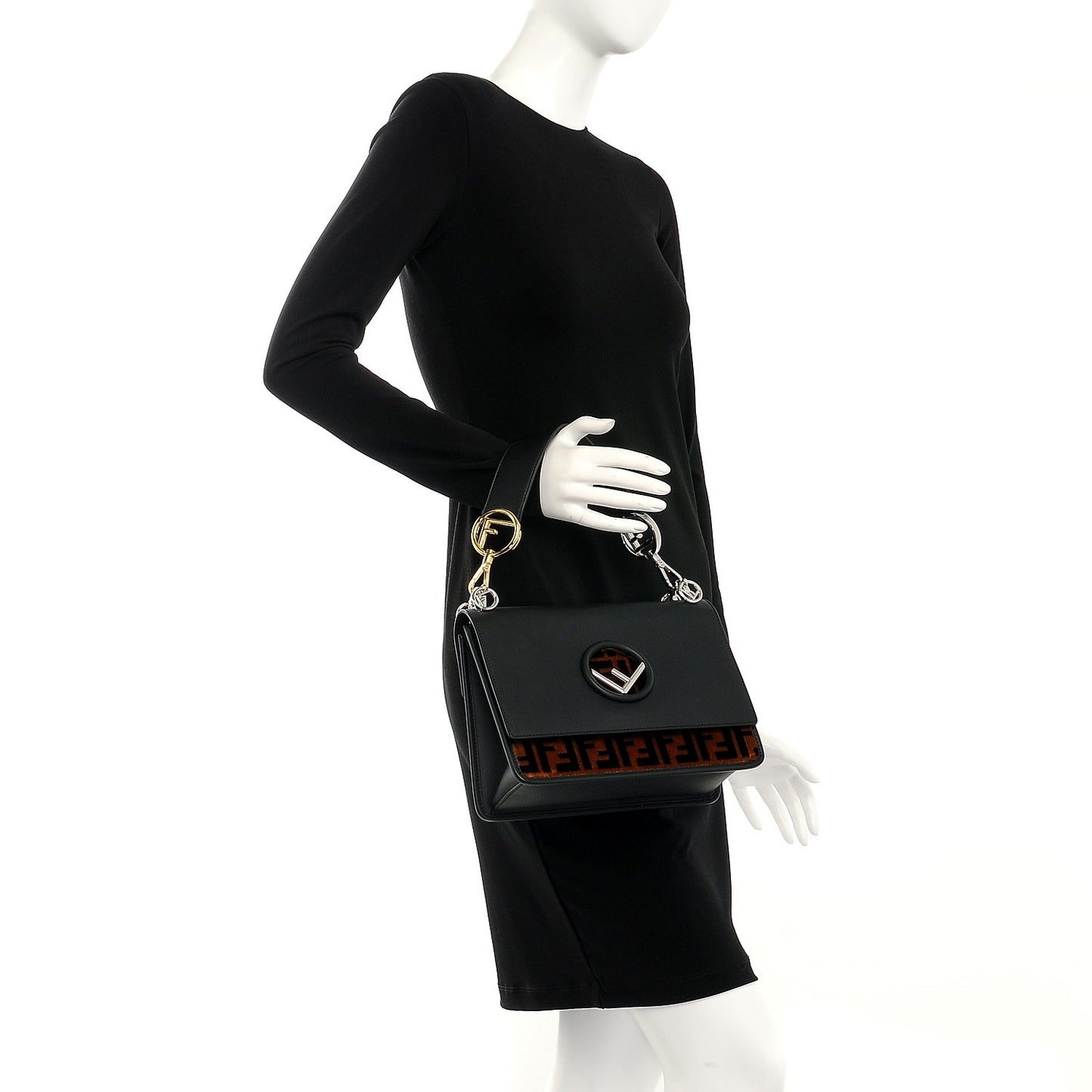 Vitello Century Velvet F is Fendi FF Kan I Shoulder Bag Black Tobacco