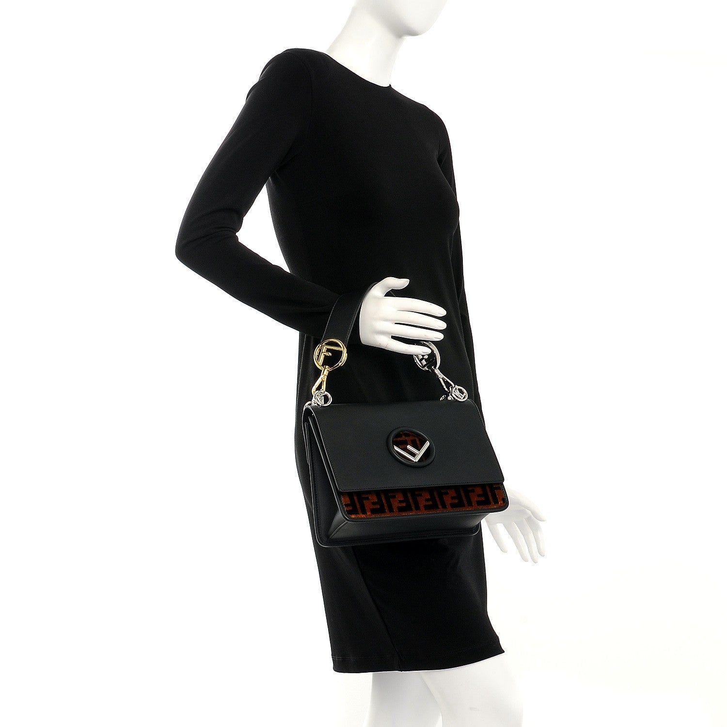 Fendi Vitello Century Velvet F is Fendi FF Kan I Shoulder Bag Black Tobacco 3 of 11
