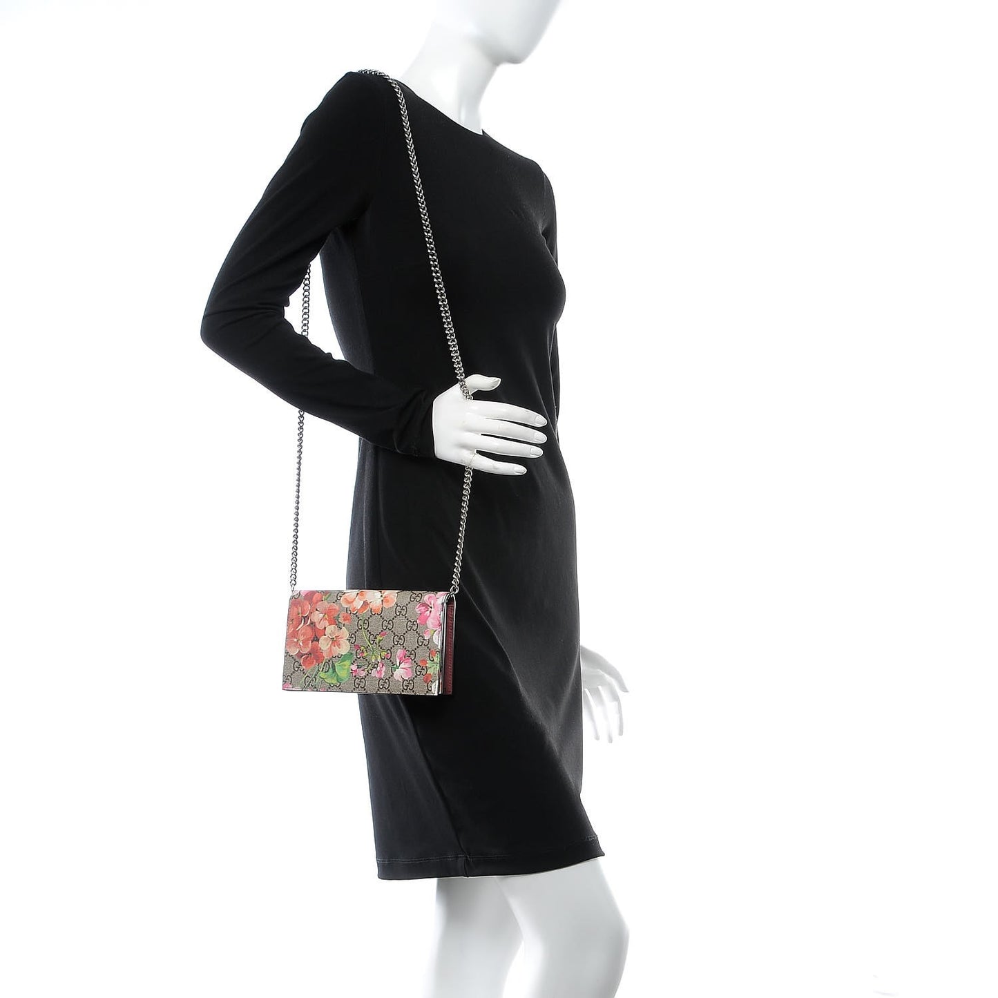 GG Supreme Monogram Blooms Chain Wallet Beige Multicolor Dry Rose