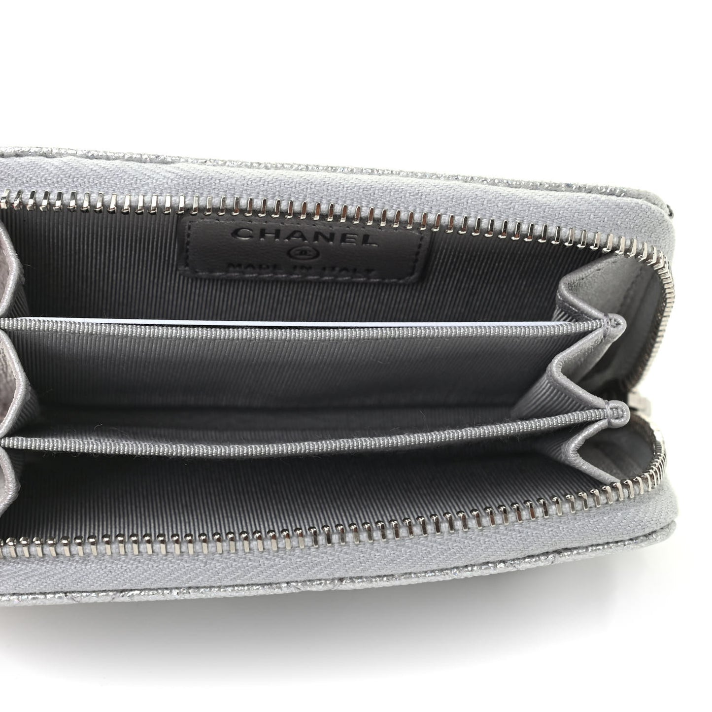 Glittered Metallic Caviar Quilted Zip Coin Purse Wallet Silver