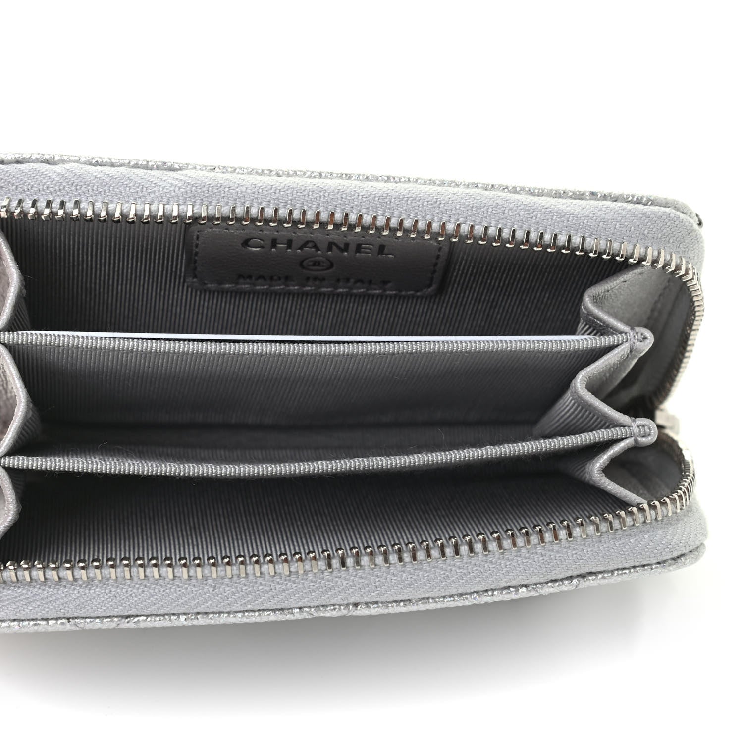 Chanel Glittered Metallic Caviar Quilted Zip Coin Purse Wallet Silver 5 of 7