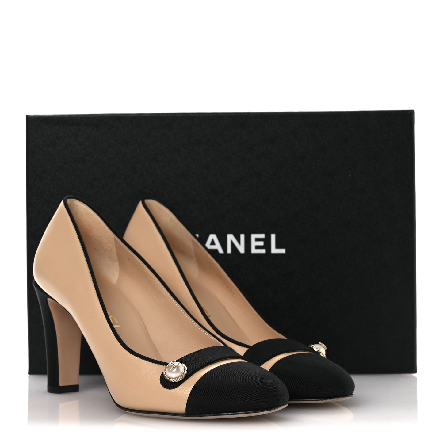 Calfskin Grosgrain Cap Toe Pearl Pumps 36.5 Beige Black