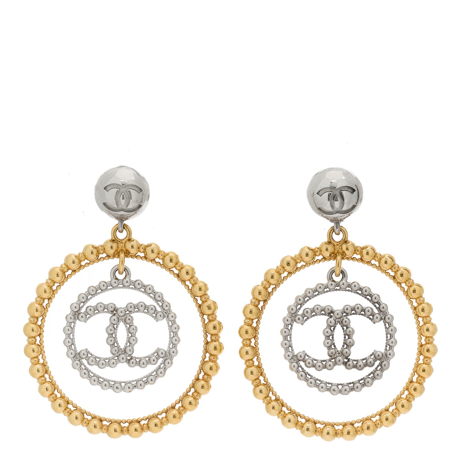 Chanel Metal Bead Round CC Drop Earrings Gold Silver 1 of 5