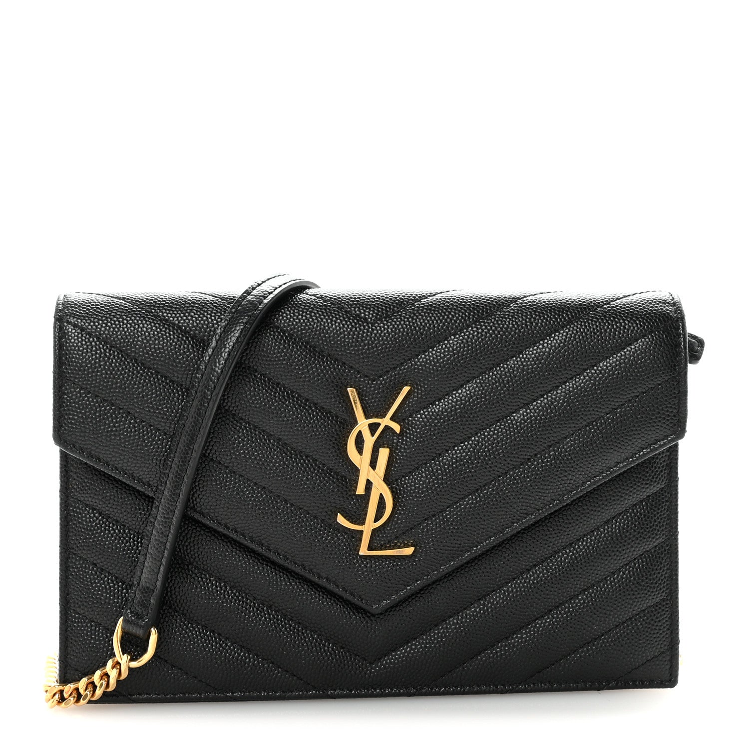 Saint Laurent Grain De Poudre Matelasse Chevron Monogram Envelope Chain Wallet Black 1 of 9