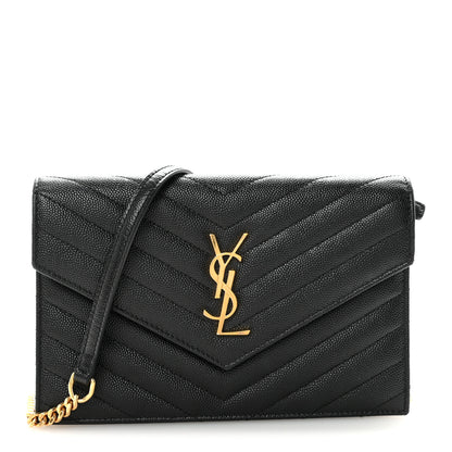 Saint Laurent Grain De Poudre Matelasse Chevron Monogram Envelope Chain Wallet Black 1 of 9