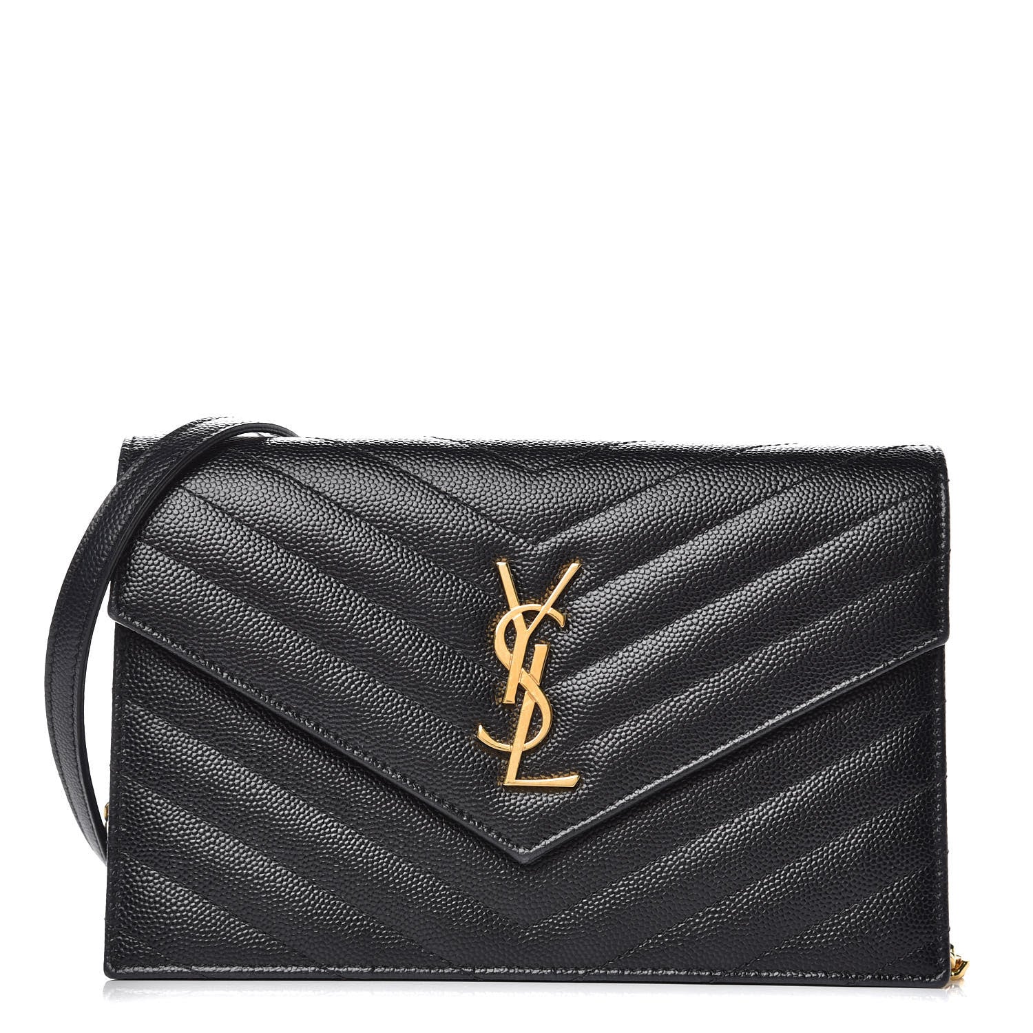 Saint Laurent Grain De Poudre Matelasse Chevron Monogram Envelope Chain Wallet Black 1 of 9