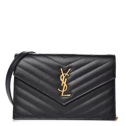Saint Laurent Grain De Poudre Matelasse Chevron Monogram Envelope Chain Wallet Black 1 of 9