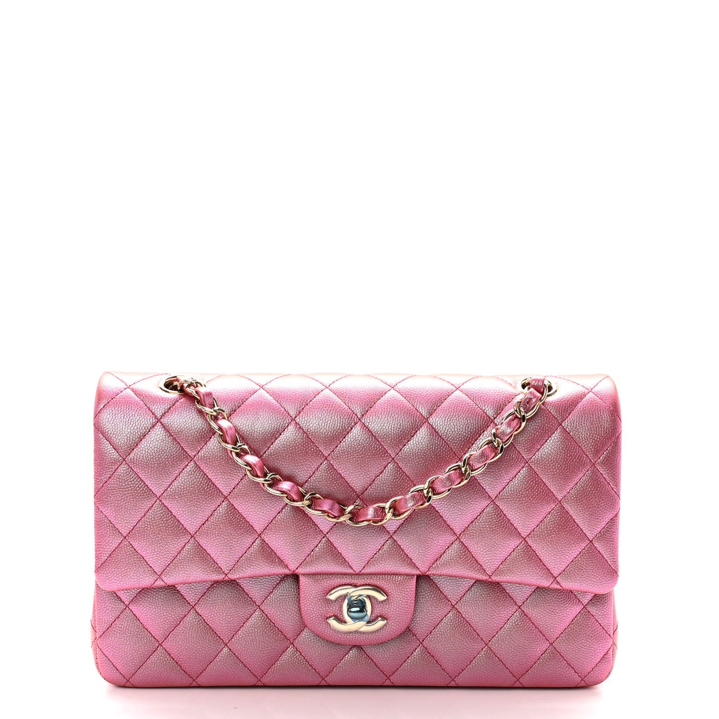 Iridescent Caviar Quilted Medium Double Flap Pink