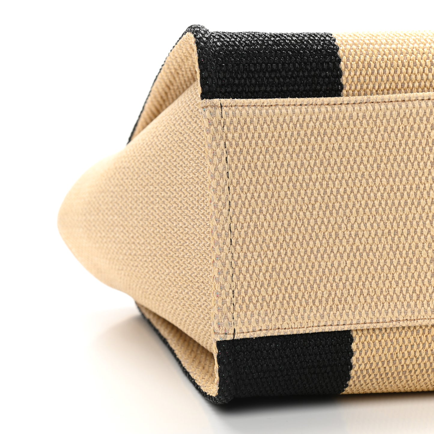 Straw Raffia Calfskin Striped Large Deauville Tote Black Beige Ivory