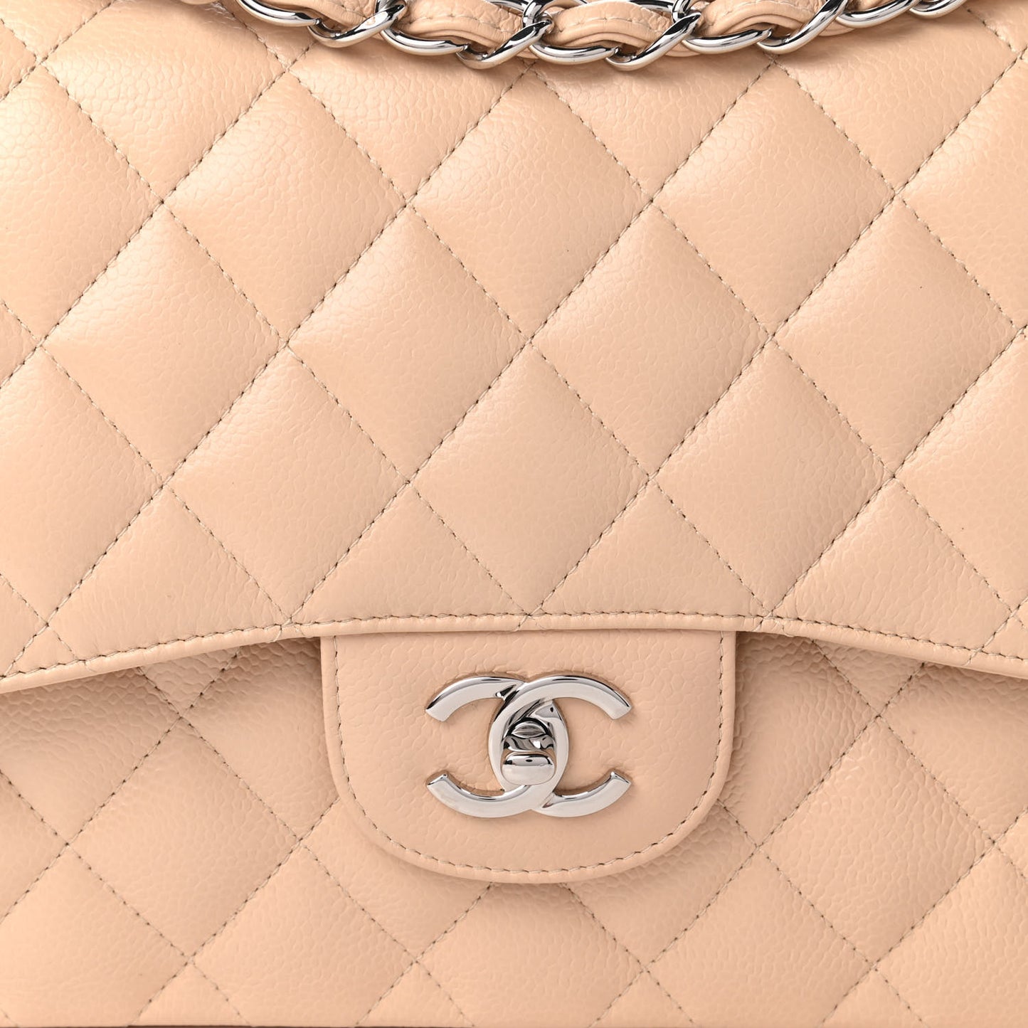 Caviar Quilted Jumbo Double Flap Light Beige