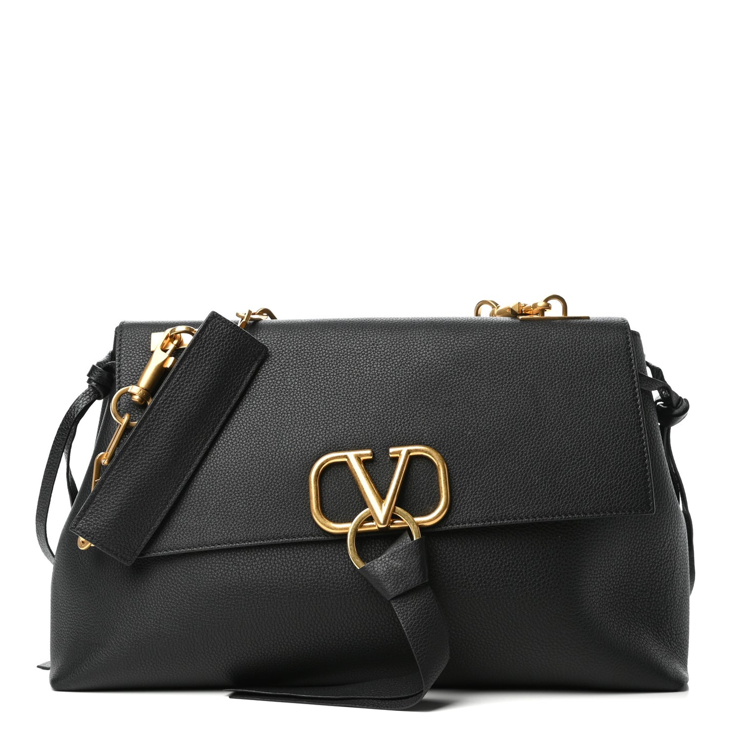 Pebbled Calfskin Large VRing Chain Shoulder Bag Black