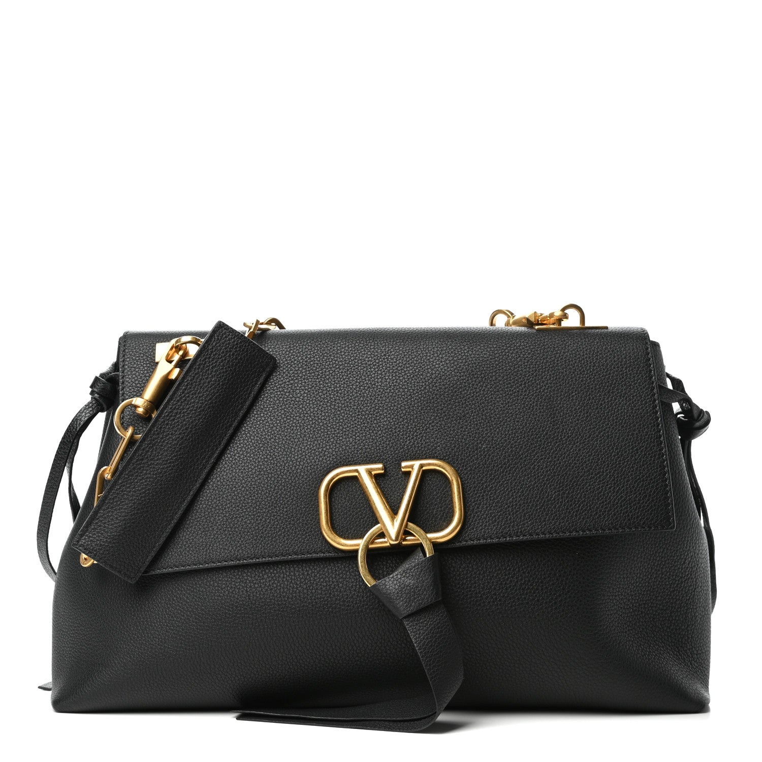 Valentino Garavani Pebbled Calfskin Large VRing Chain Shoulder Bag Black 1 of 8