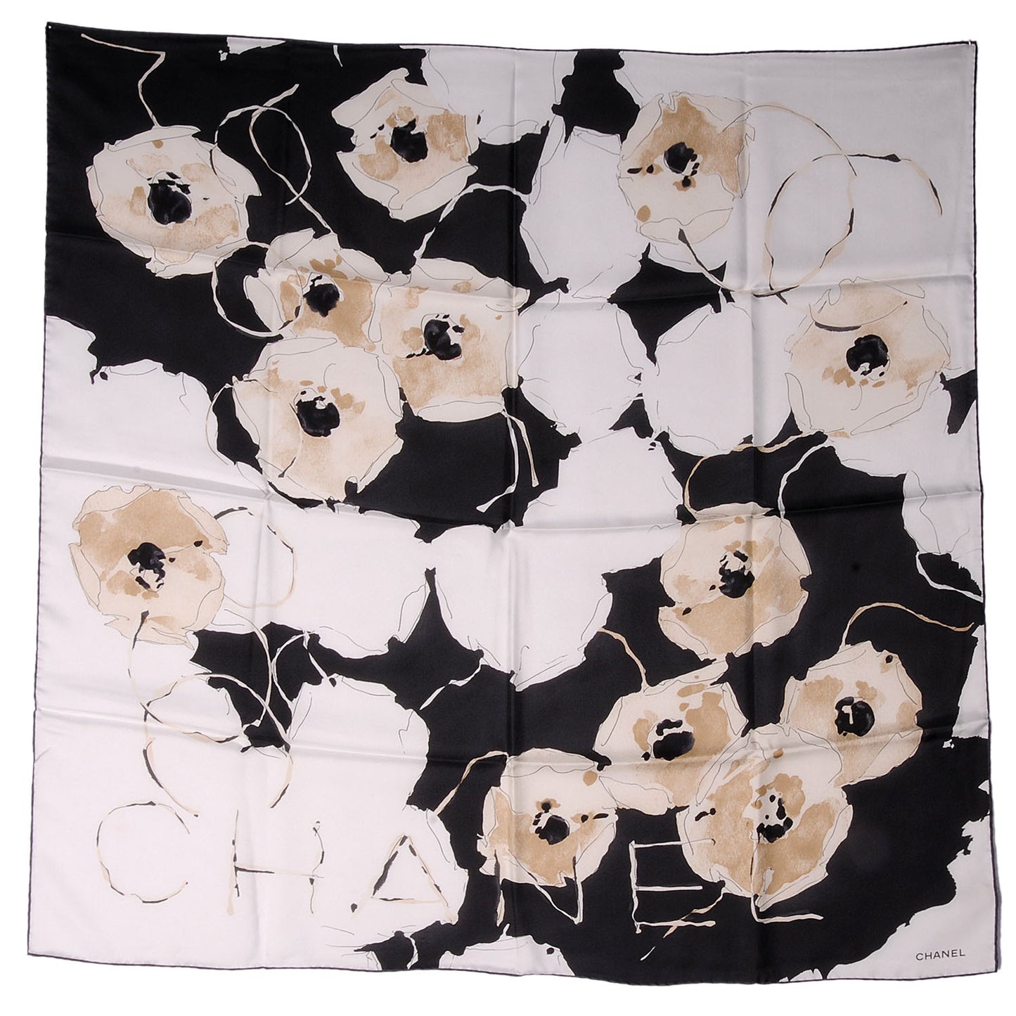 Silk Camellia Flower Scarf Black Beige