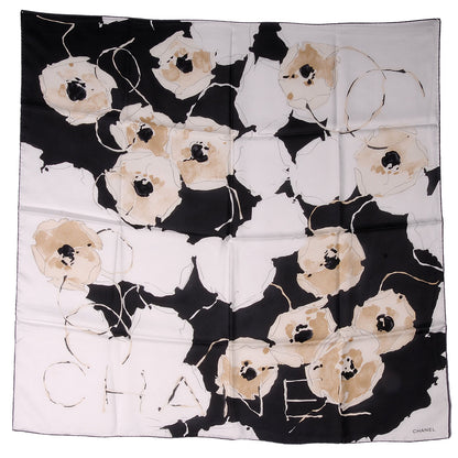 Chanel Silk Camellia Flower Scarf Black Beige 2 of 5