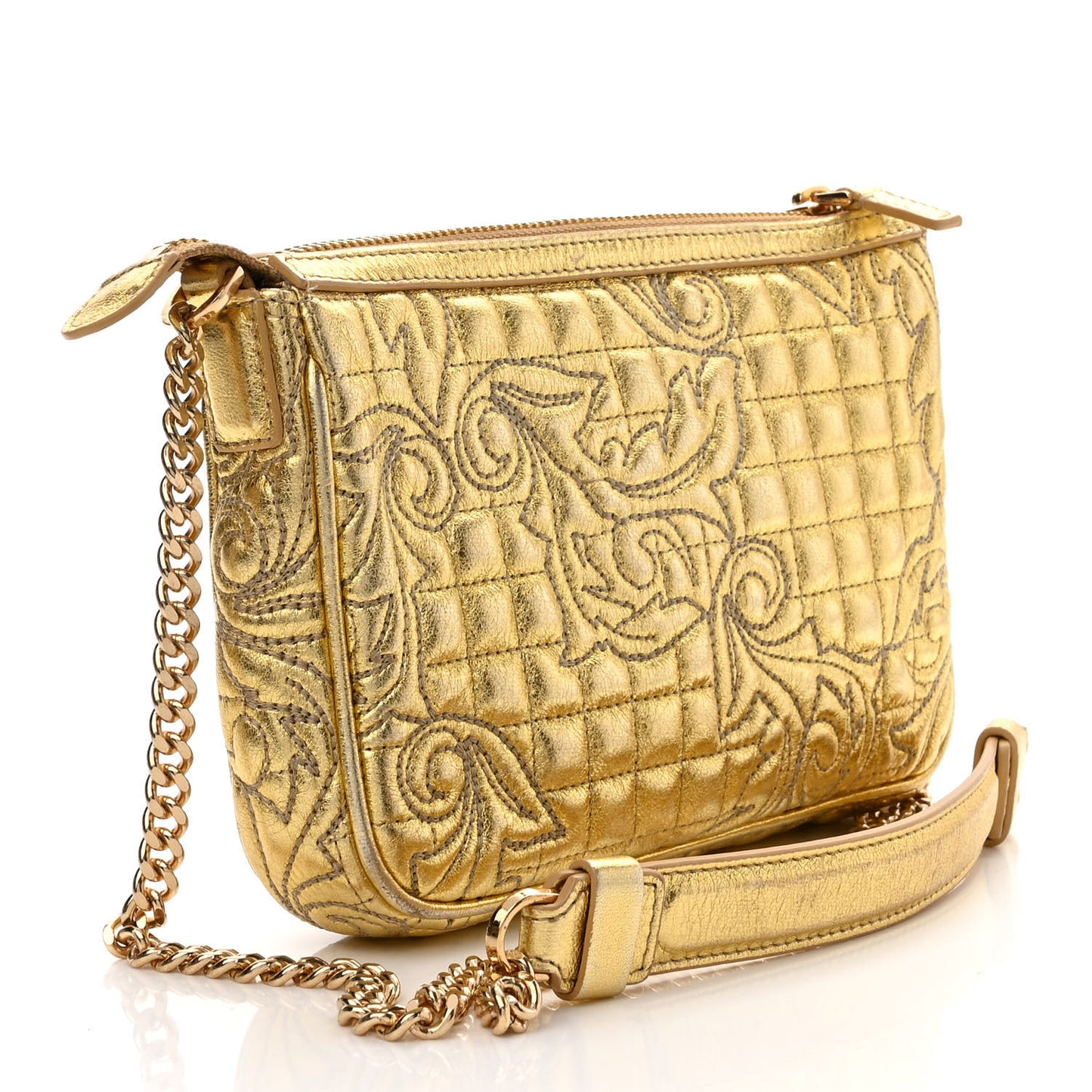 Metallic Nappa Barocco Quilted Medusa Chain Crossbody Gold